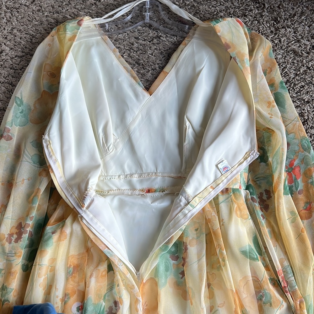Vintage 70s Chiffon Yellow Floral Floor Length Dress Sz 14 By Union Made - Picture 14 of 16